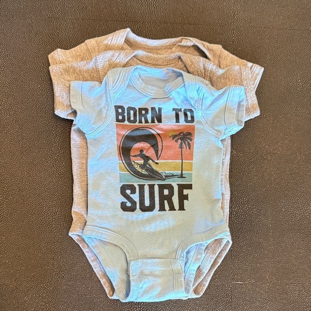 Born to Surf Kids One Piece Set of Three - Gray and Blue bodysuits size 0-6 M